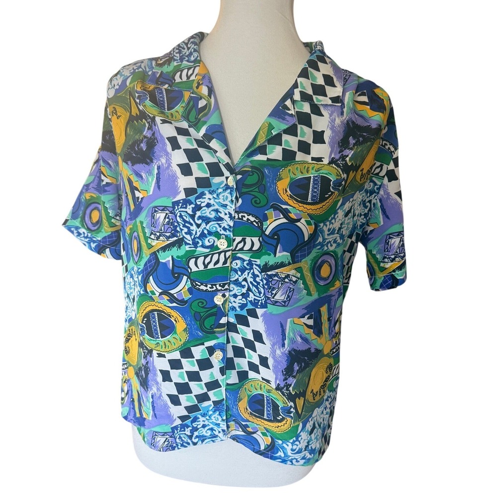Vintage Petite Impressions Abstract Geometric Print Button Up Shirt Multi Color